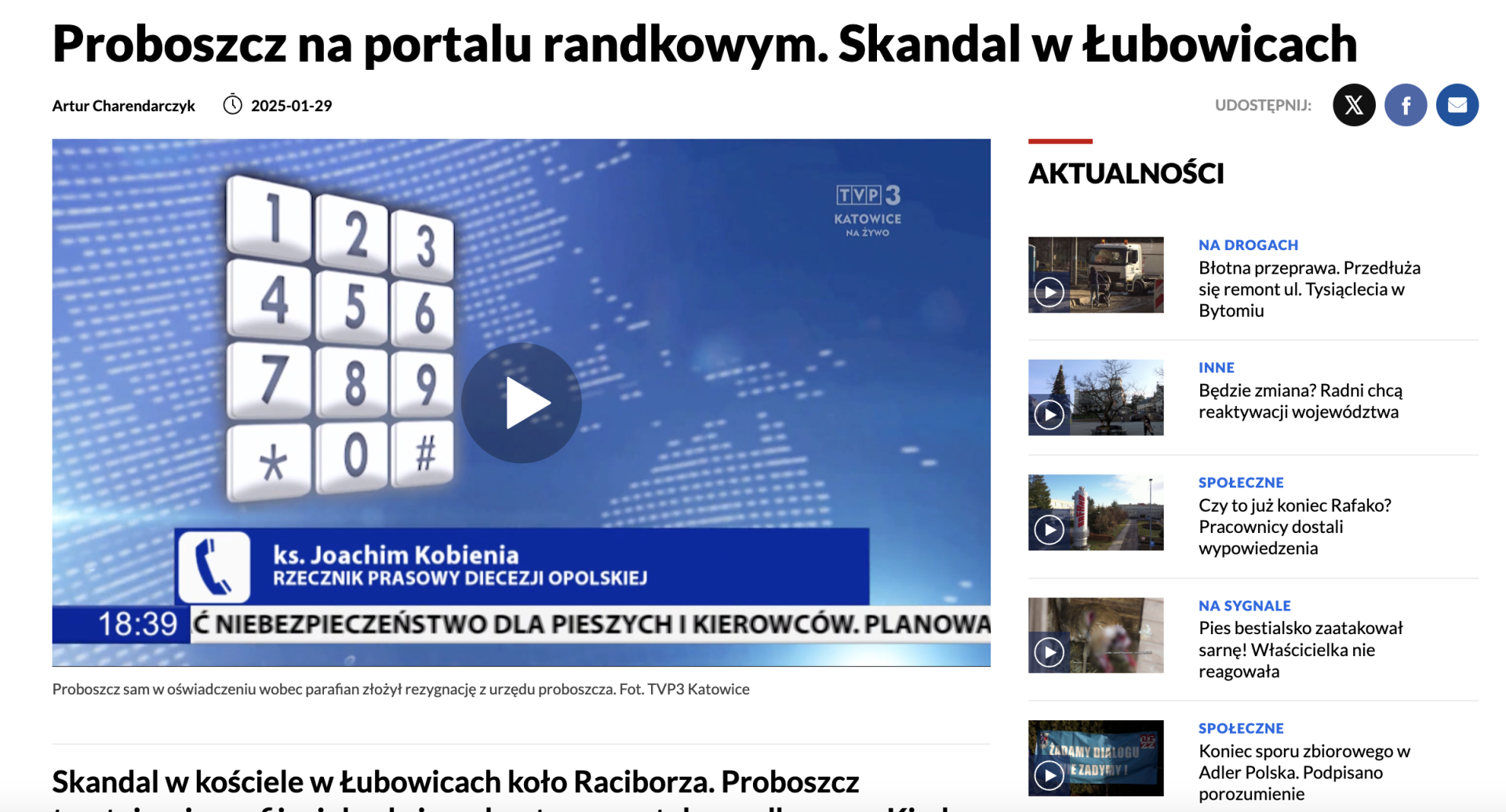 Proboszcz na portalu randkowym. TVP o skandalu w Łubowicach